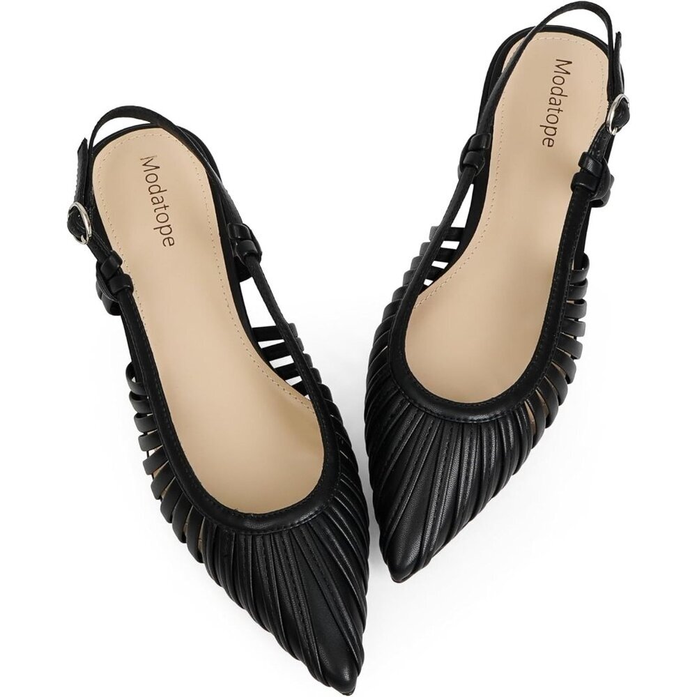 Women's Black Pointed Toe Ballet Flats Classic Low Heel Sandals Dress Shoes